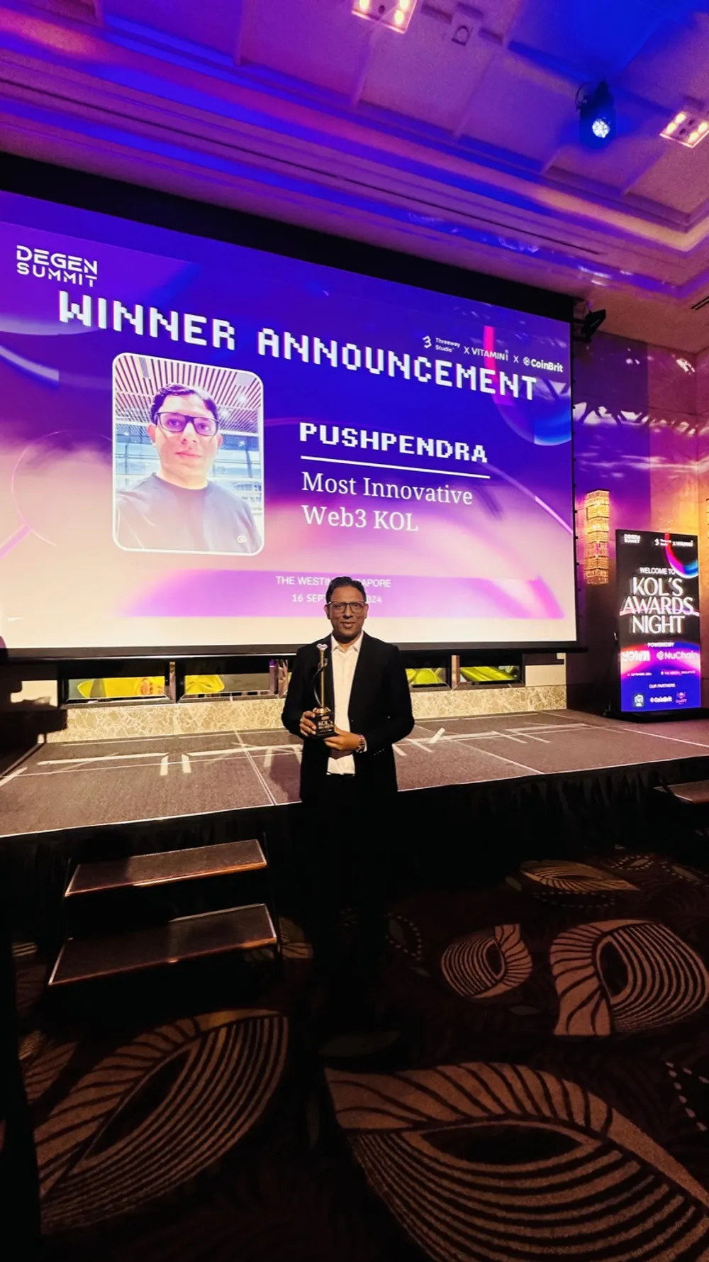 Winner at the KOL's Awards Night, Degen Summit, a Token2049 side event at The Westin Singapore on 16 September 2024.